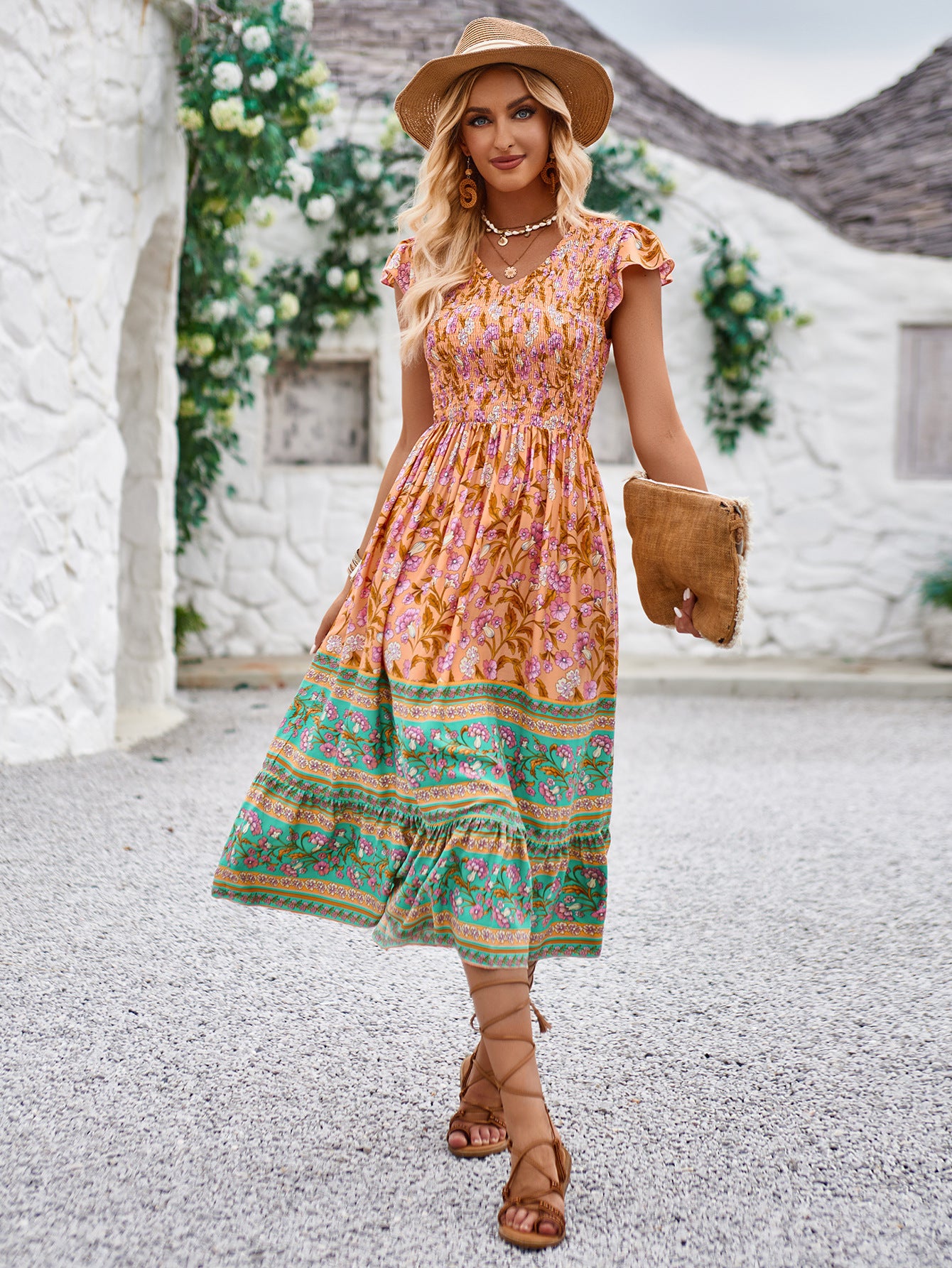 Vestido con cuello en V y estampado de nuevas flores, vestidos informales sin mangas con volantes, vestido bohemio de playa para vacaciones, ropa para mujer