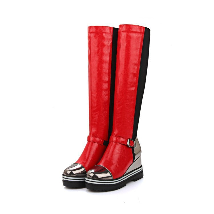 High-top Patent Leather One-step High-heeled Wedge-heeled Plus Size Women's Boots