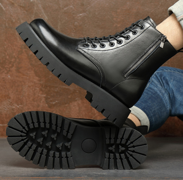 Añadir plataforma de pelo alto zapatos realmente de cuero botas con cremallera para hombres