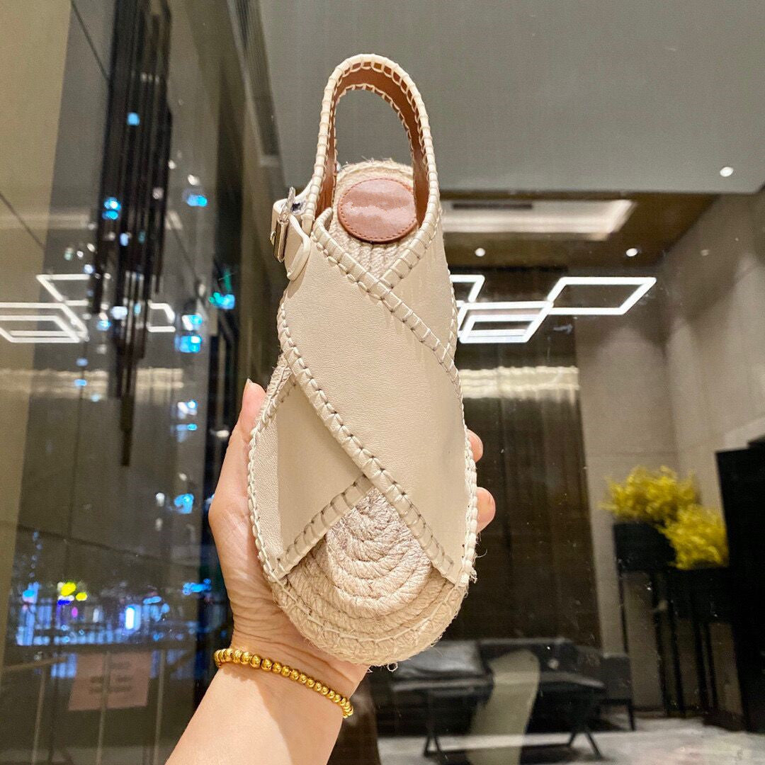 Sandales plates d'été en cuir tressé avec corde de chanvre pour femmes