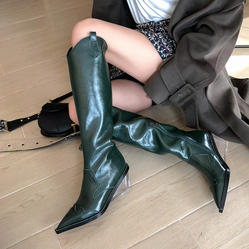 Knight Boots Female Pointed Crystal Wedges Knee-length High Martin Boots Western Cowboy Boots