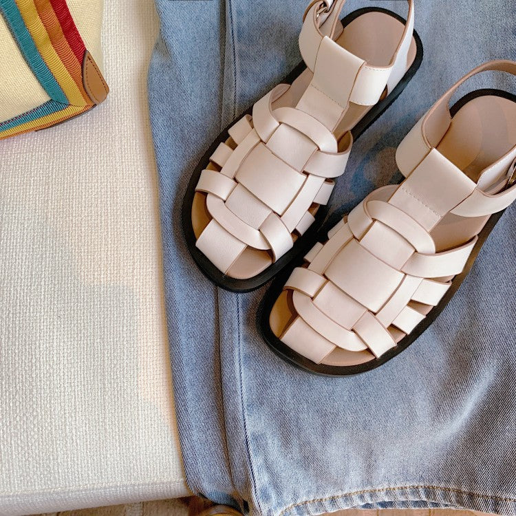 Sandalias romanas con punta cerrada de pescador, novedad de verano, estilo pijo con punta redonda de piel de vaca