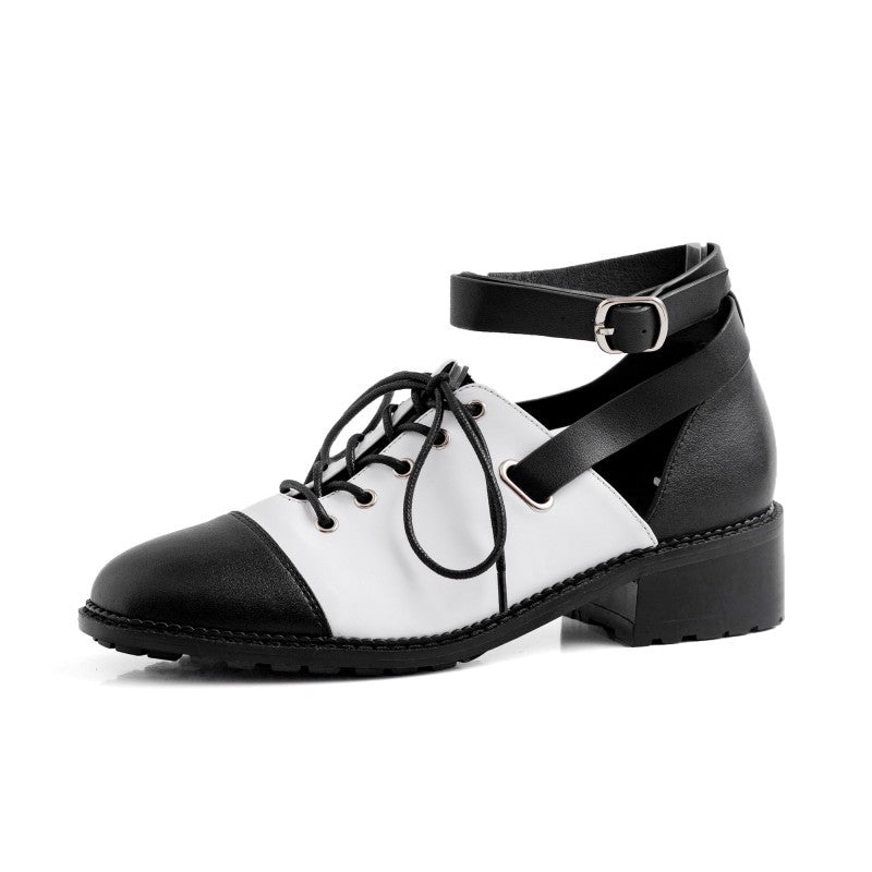 Leather Square Heel Round Toe Front Lace-Up Leather Buckle Small Leather Shoes