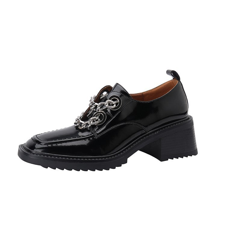 Leather Deep Cut Metal Chain Patent Leather Business Shoes