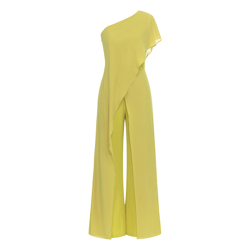 French Olive Green Ruffled Fake Shawl One-shoulder Jumpsuit