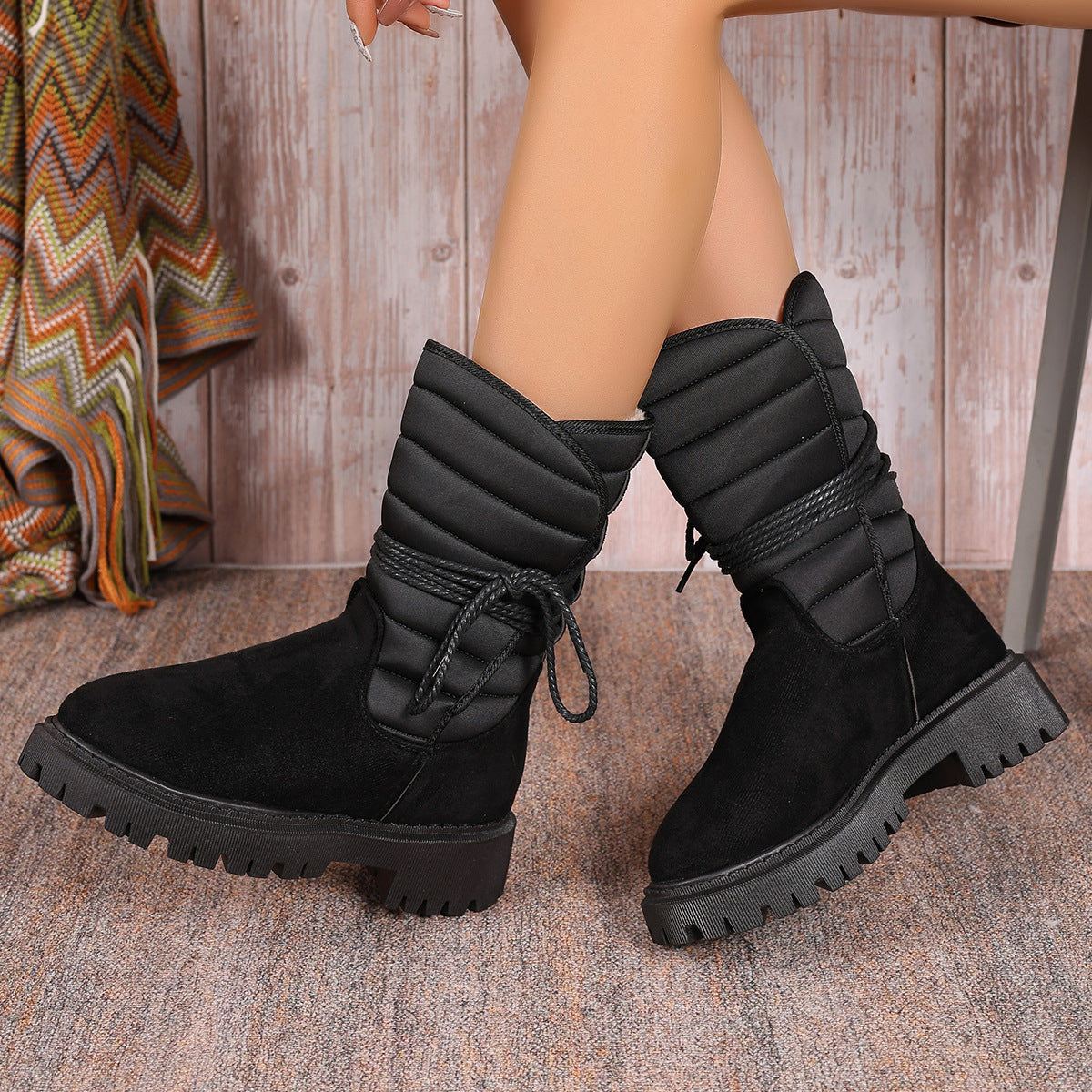 Botas de nieve de media pantorrilla de moda con diseño de cordones, botas de tacón bajo gruesas y cálidas de invierno, zapatos casuales para mujer para exteriores