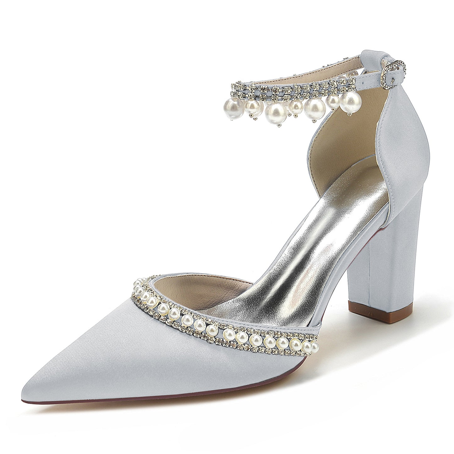 Zapatos de tacón con cadena de cristal satinado y tacón de bloque con diamantes de imitación en punta