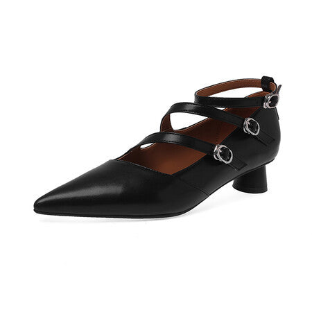 Full Leather Inside And Outside Thick Heel Pointed Buckle Leather Shoes