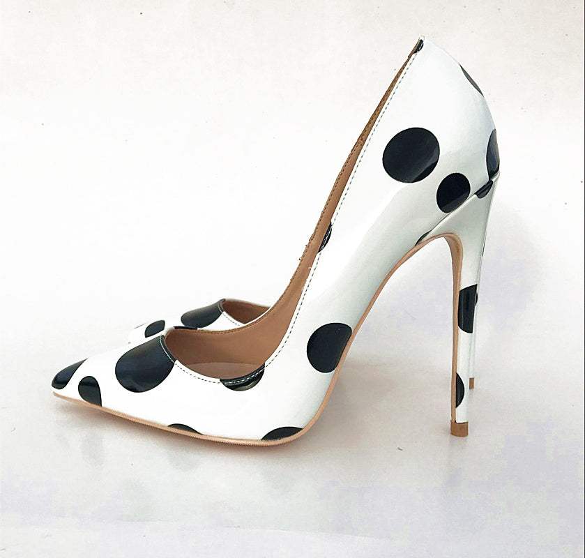 Black And White Circle Color Matching Wave Point High Heel Shoes