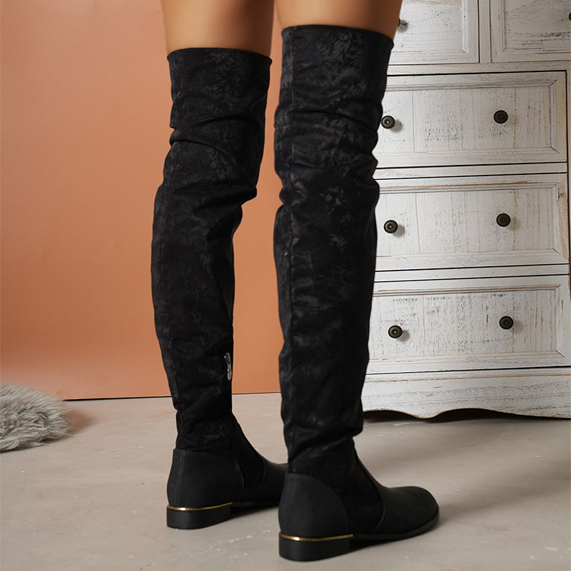 Bottes au dessus du genou pour femmes, coutures en daim, bottes longues à talons bas avec fermeture éclair latérale, chaussures de fête Design, hiver