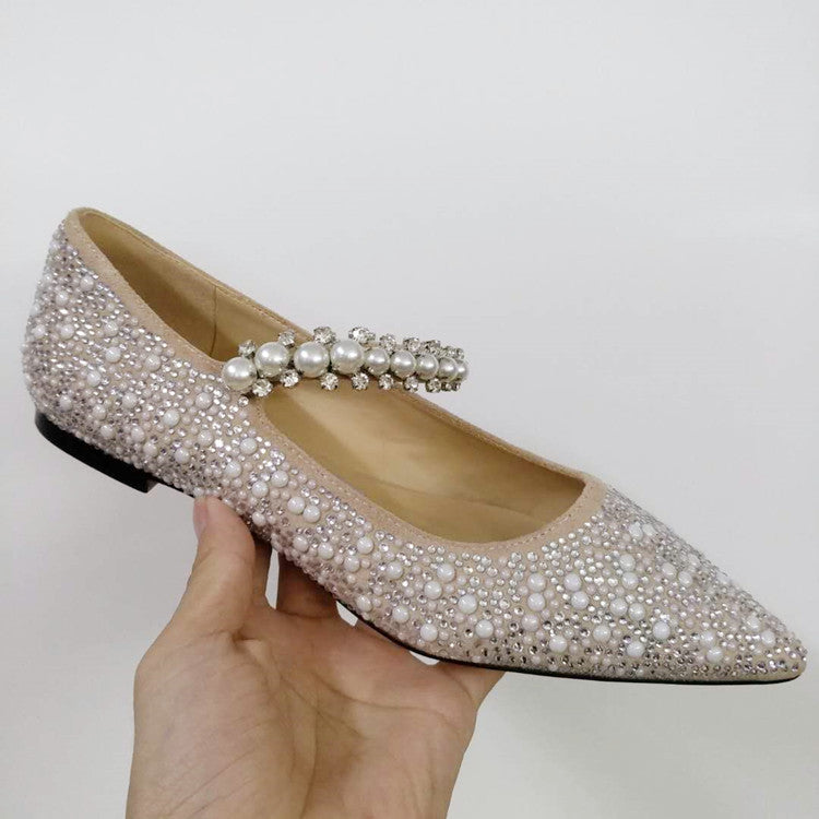 Zapatos de tacón alto planos con perlas y diamantes de imitación de boca poco profunda y puntiagudos para mujer