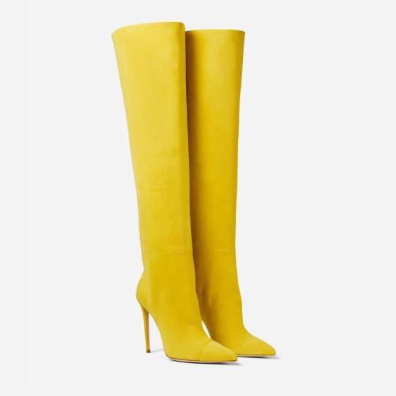 Talons aiguilles au-dessus des bottes au genou, manches en daim bleu jaune, bottes pour femmes, grande taille