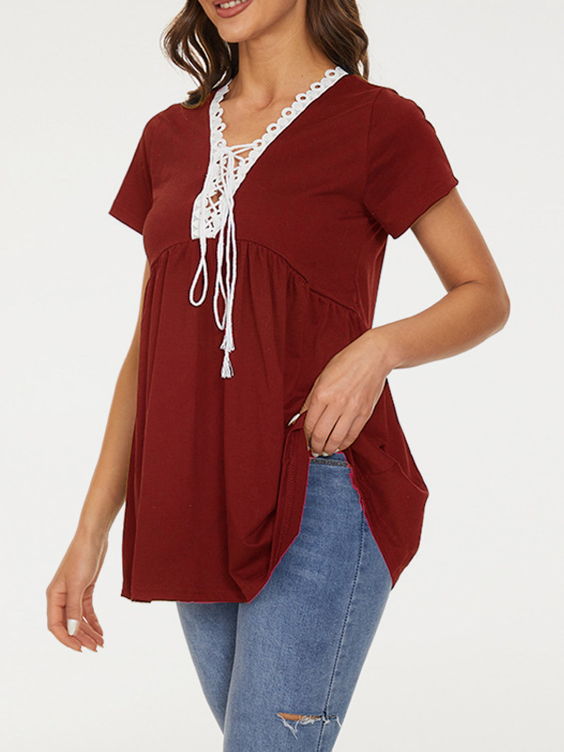 Lace Detail Tie Neck Short Sleeve T-Shirt