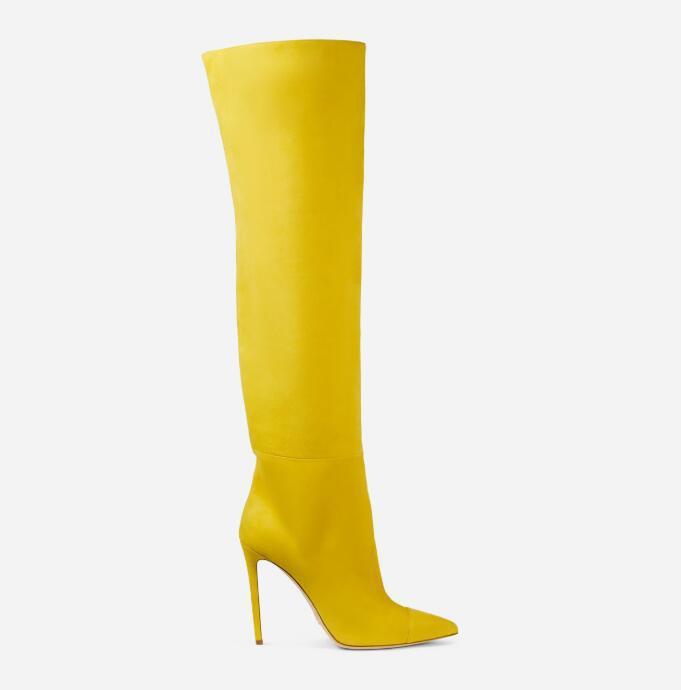 Talons aiguilles au-dessus des bottes au genou, manches en daim bleu jaune, bottes pour femmes, grande taille