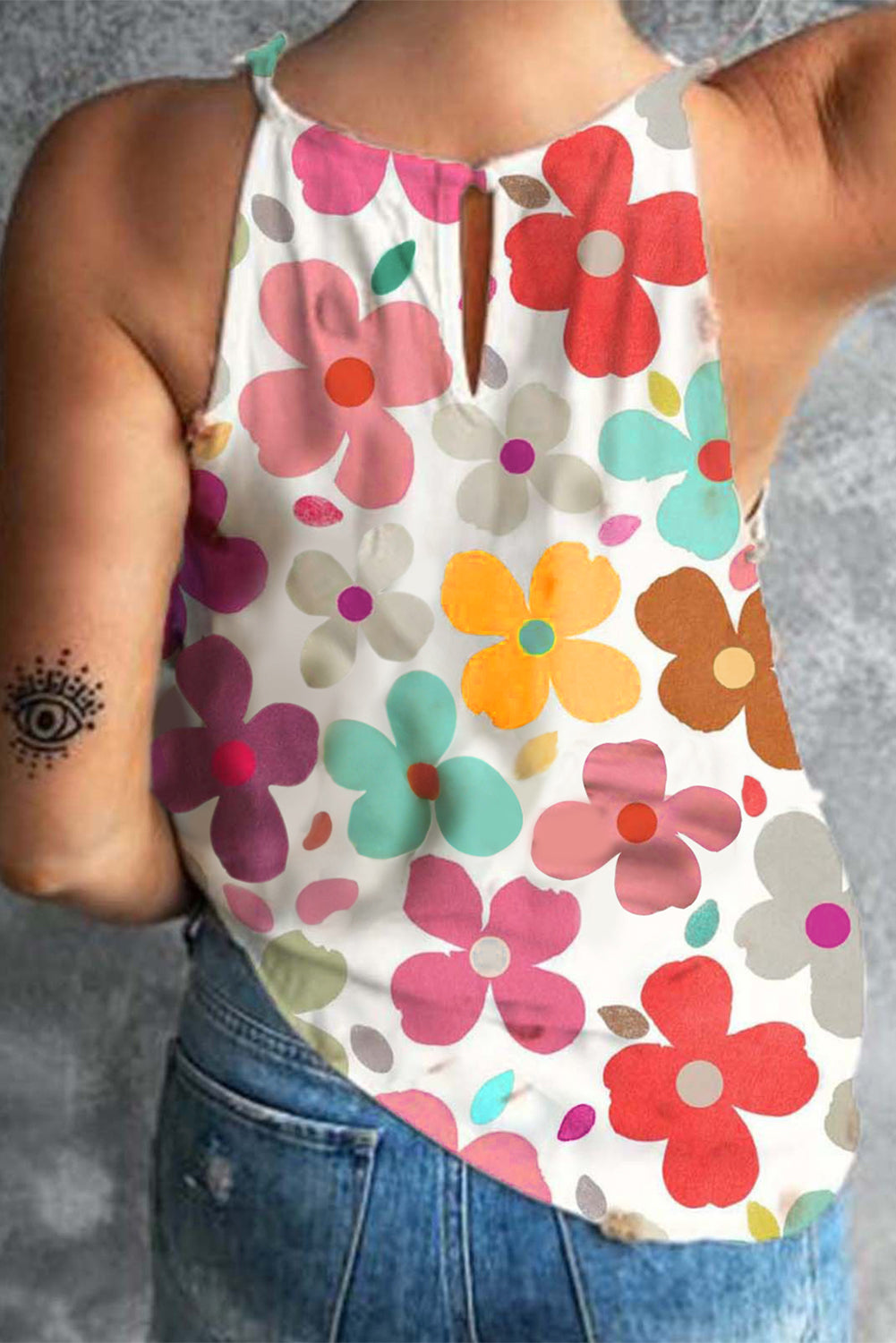 Camiseta sin mangas con cuello redondo y estampado de flores