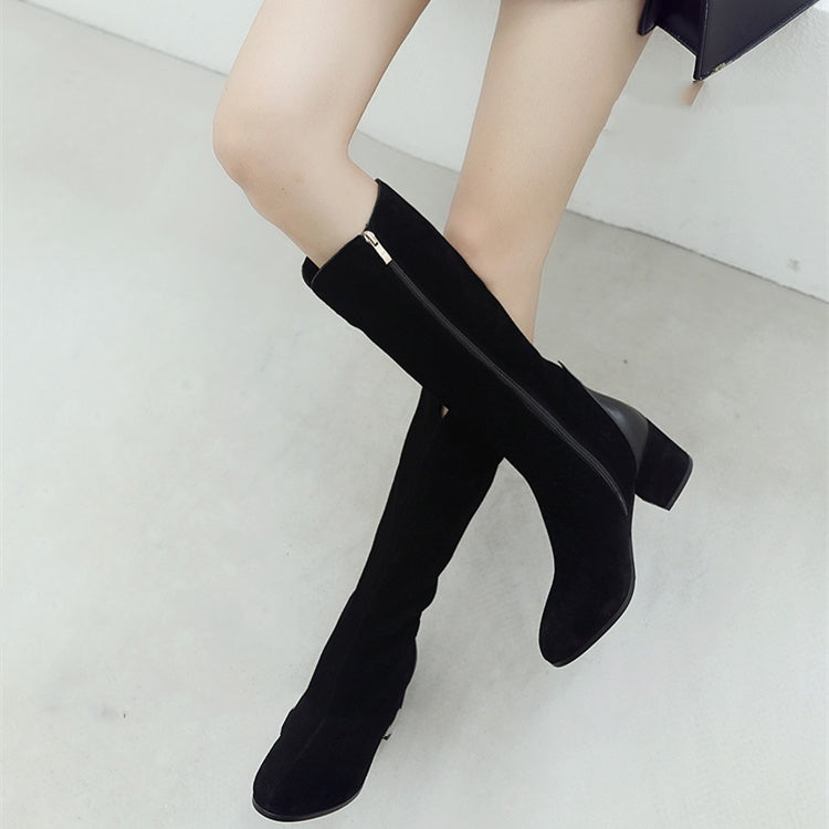 Women's New Leather Scrub Thick Heel High Boots