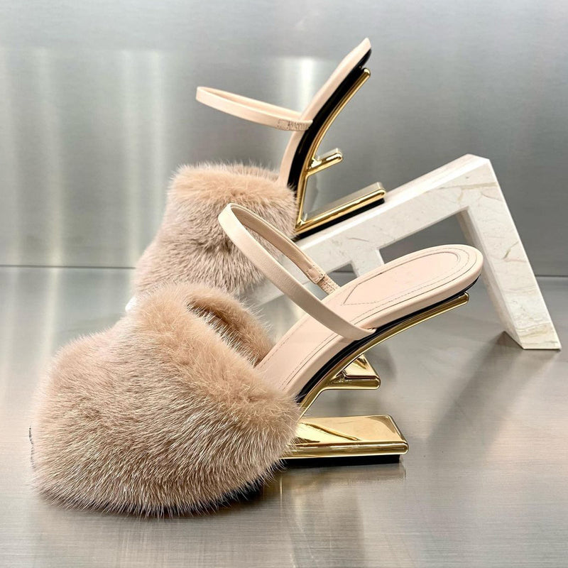 New High-heeled Leather Fish Mouth Metal Heel Female Mink Sandals And Slippers