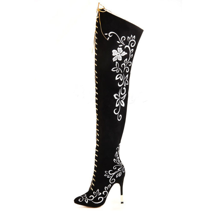 Elegant Embroidered Boots Over The Knee Stylish Zip Stiletto Heel