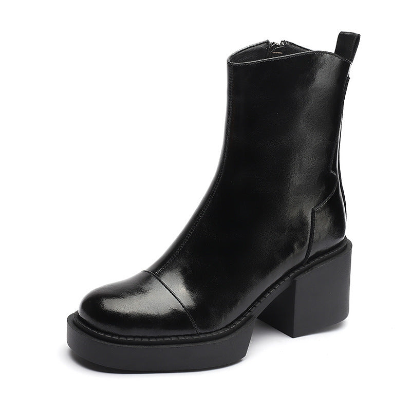 Women's Round Toe Horse Oil Leather Ankle Boots