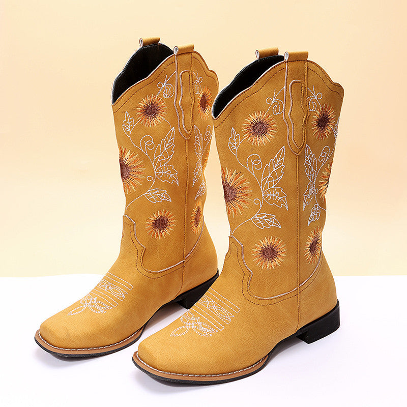 Botas vaqueras para mujer, zapatos con bordado de girasoles, botas vaqueras de tacón bajo