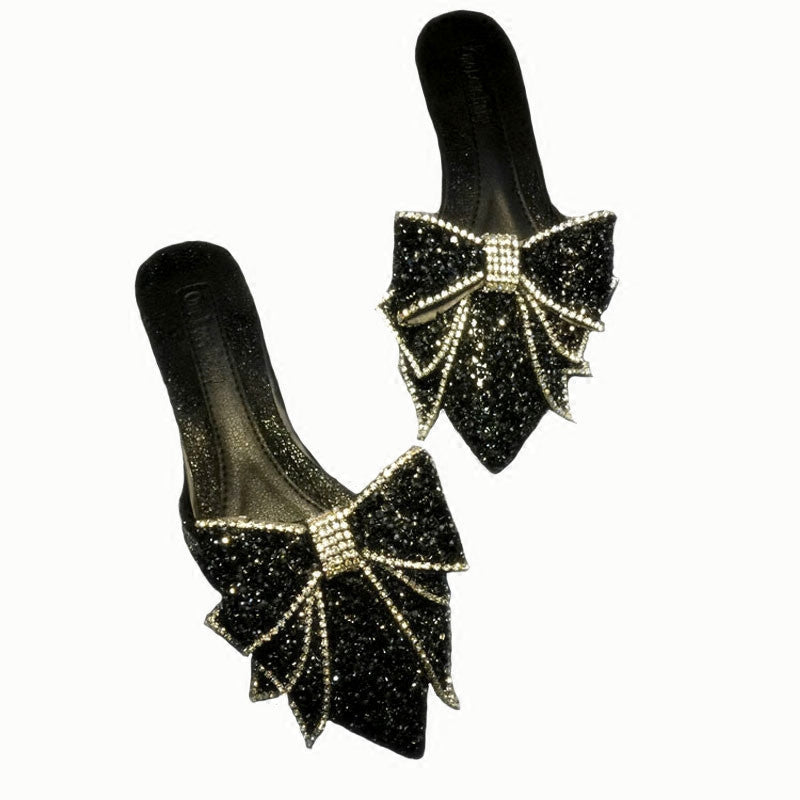 Fashion Women's Rhinestone Pointed Bow Half Slippers