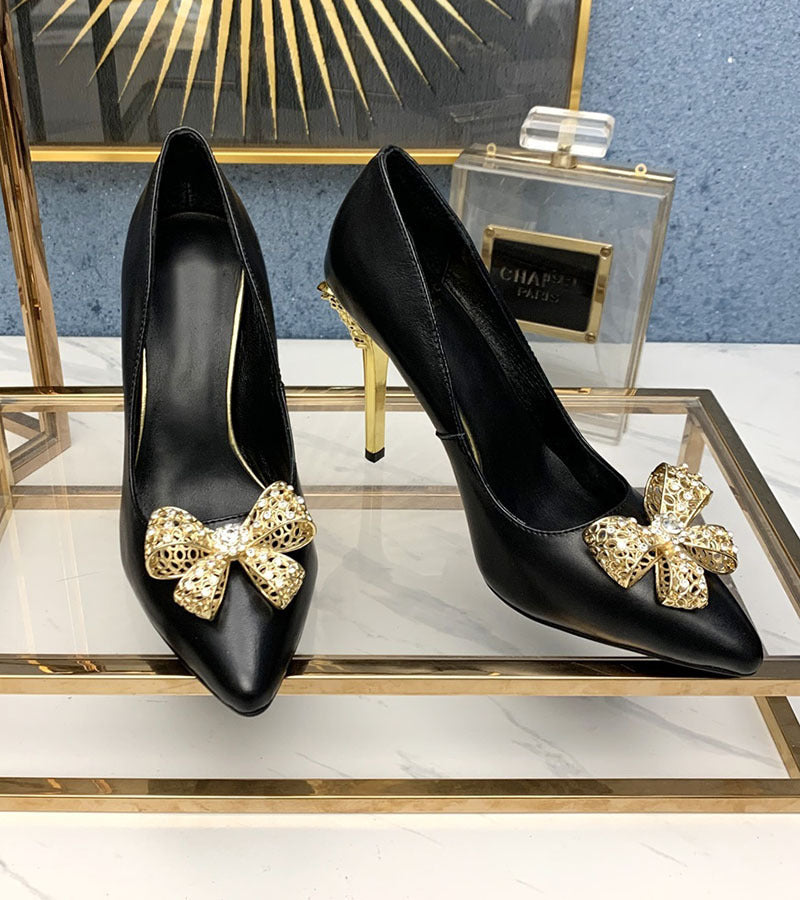 Spring And Autumn New Rhinestone Bowknot Metal Buckle Shallow Pointed Stiletto Shoes