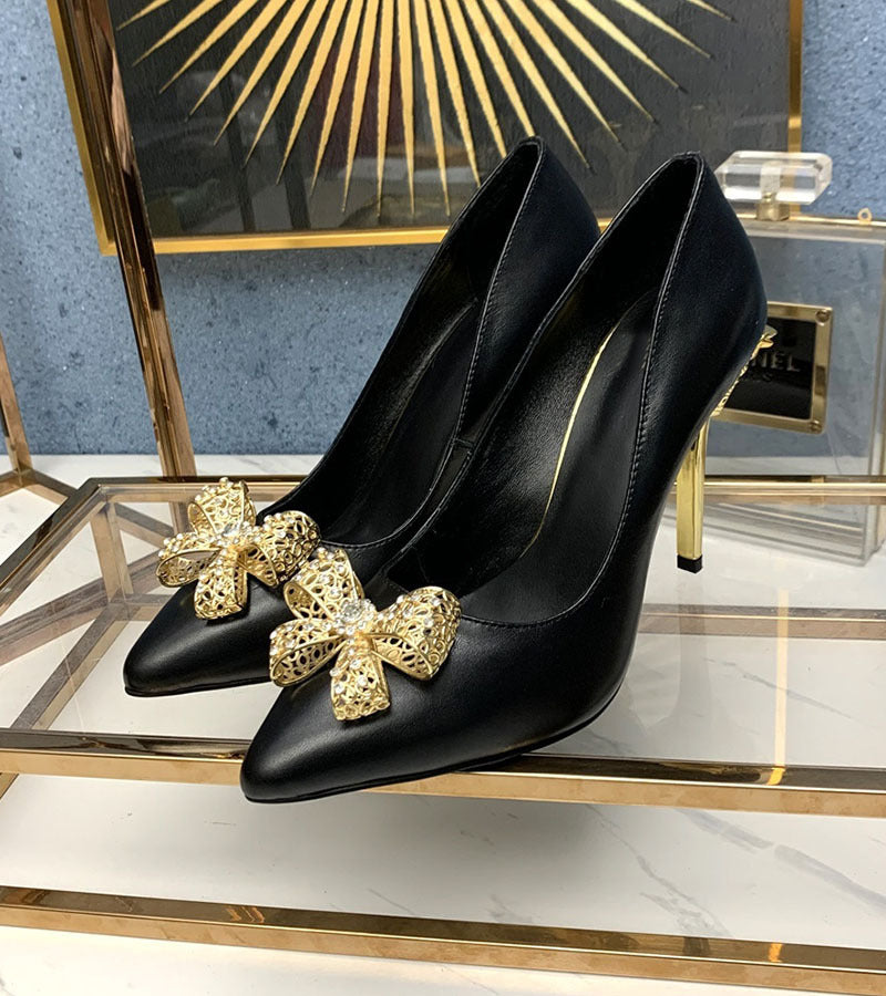 Spring And Autumn New Rhinestone Bowknot Metal Buckle Shallow Pointed Stiletto Shoes