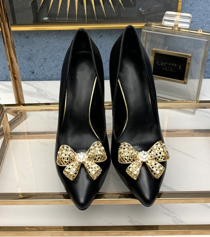 Spring And Autumn New Rhinestone Bowknot Metal Buckle Shallow Pointed Stiletto Shoes