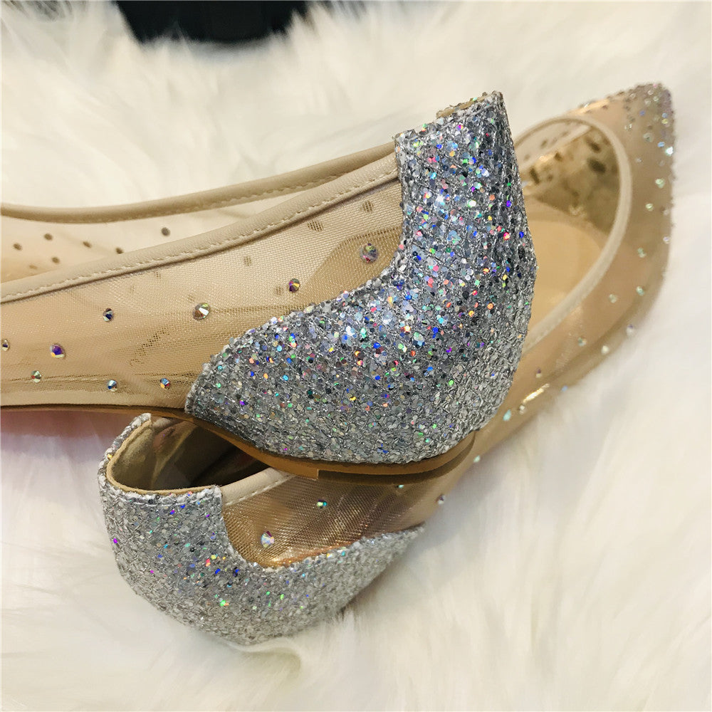 Mesh Rhinestone Transparent Women's Single Shoes Pointed High Heels Women