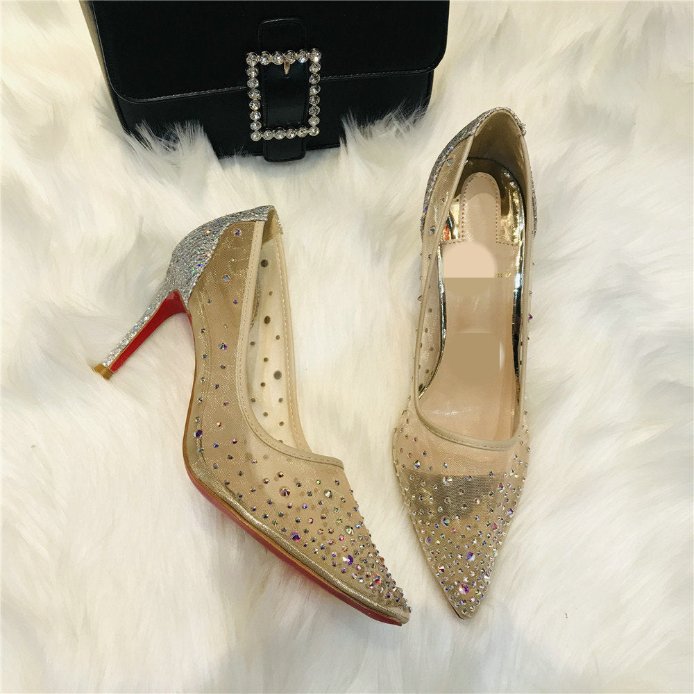 Mesh Rhinestone Transparent Women's Single Shoes Pointed High Heels Women