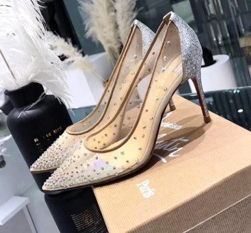 Zapatos individuales de mujer transparentes con diamantes de imitación de malla tacones altos puntiagudos para mujer