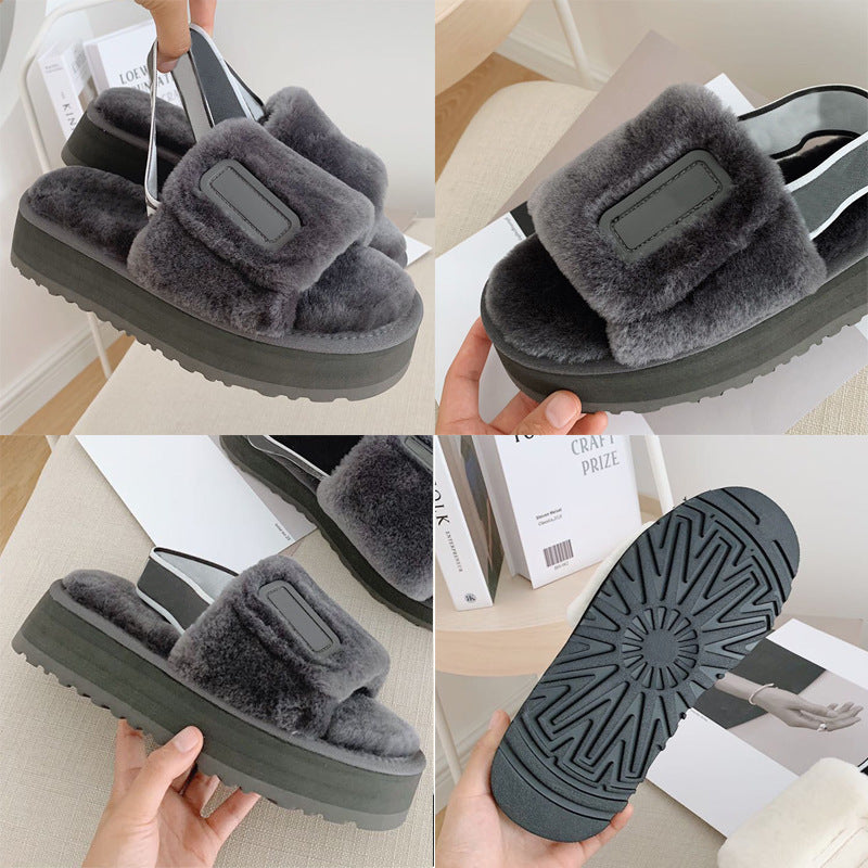 Wool Slippers Disco Slide Thick-Soled Women Tow Sandals