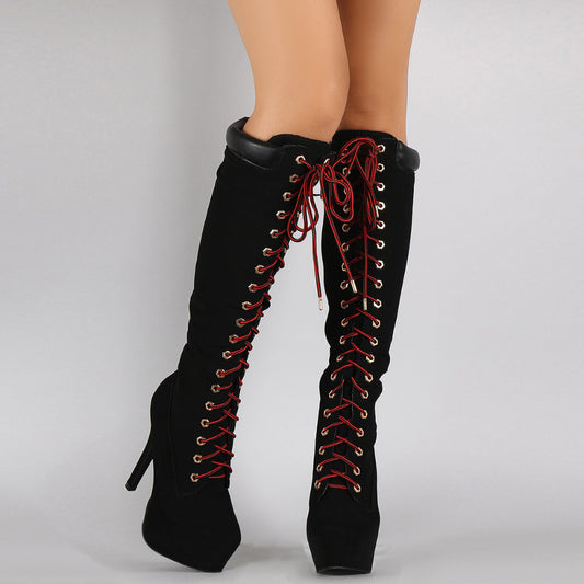 High-heeled  Boots Women's High Waterproof Platform Stiletto Knee-length Lace Up