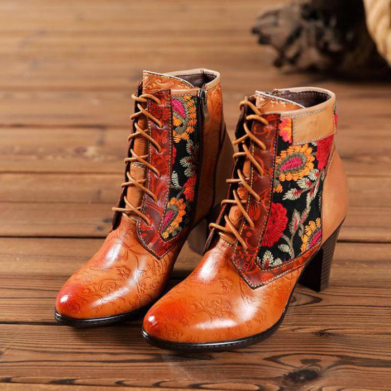 High Heels Women's Ethnic Style Cowhide Original Retro Pointed Stiletto Wear-resistant Mid-tube Boots