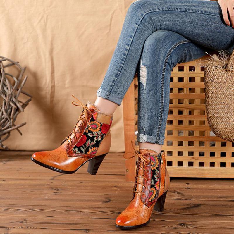 High Heels Women's Ethnic Style Cowhide Original Retro Pointed Stiletto Wear-resistant Mid-tube Boots