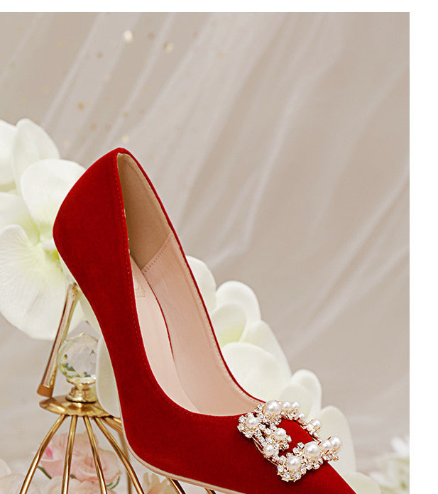 Zapatos individuales con diamantes de imitación y perlas Zapatos de boda con tacón de aguja