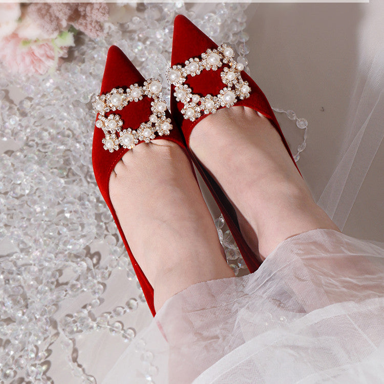 Zapatos individuales con diamantes de imitación y perlas Zapatos de boda con tacón de aguja