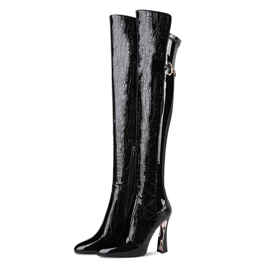 High-Heeled Thick-Heeled Platform Knee-High Knight Boots Pointed High Boots Leather Boots