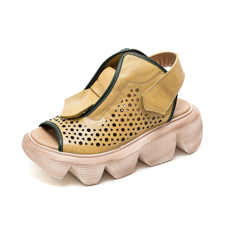 Fish Mouth Rome Zhongbang Women's Shoes Top Layer Leather Velcro Hollow Sandals Retro Shoes