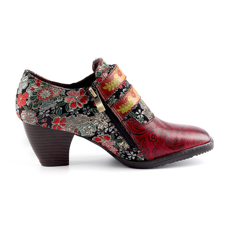 Ethnic Embroidered Leather Flower Pump Sandals