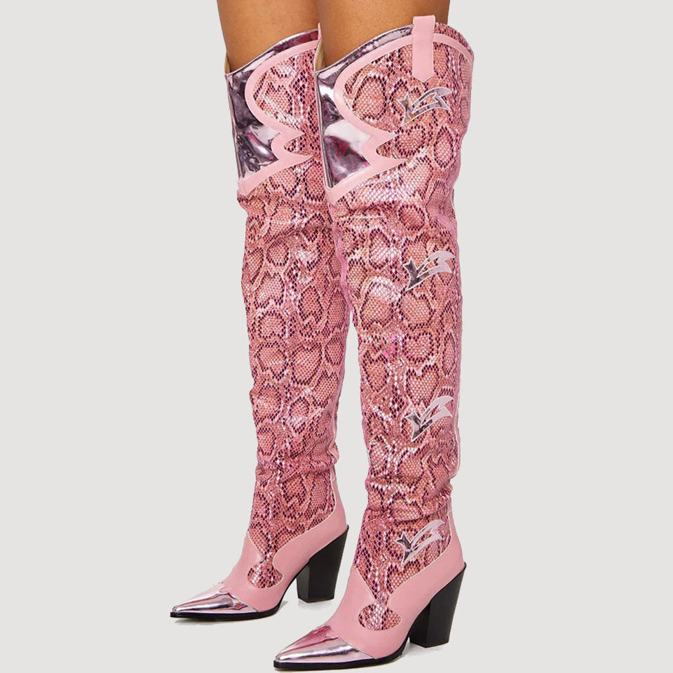 Botas de tacón alto con tacón grueso y punta estrecha con estampado de serpiente sexy a la moda para mujer