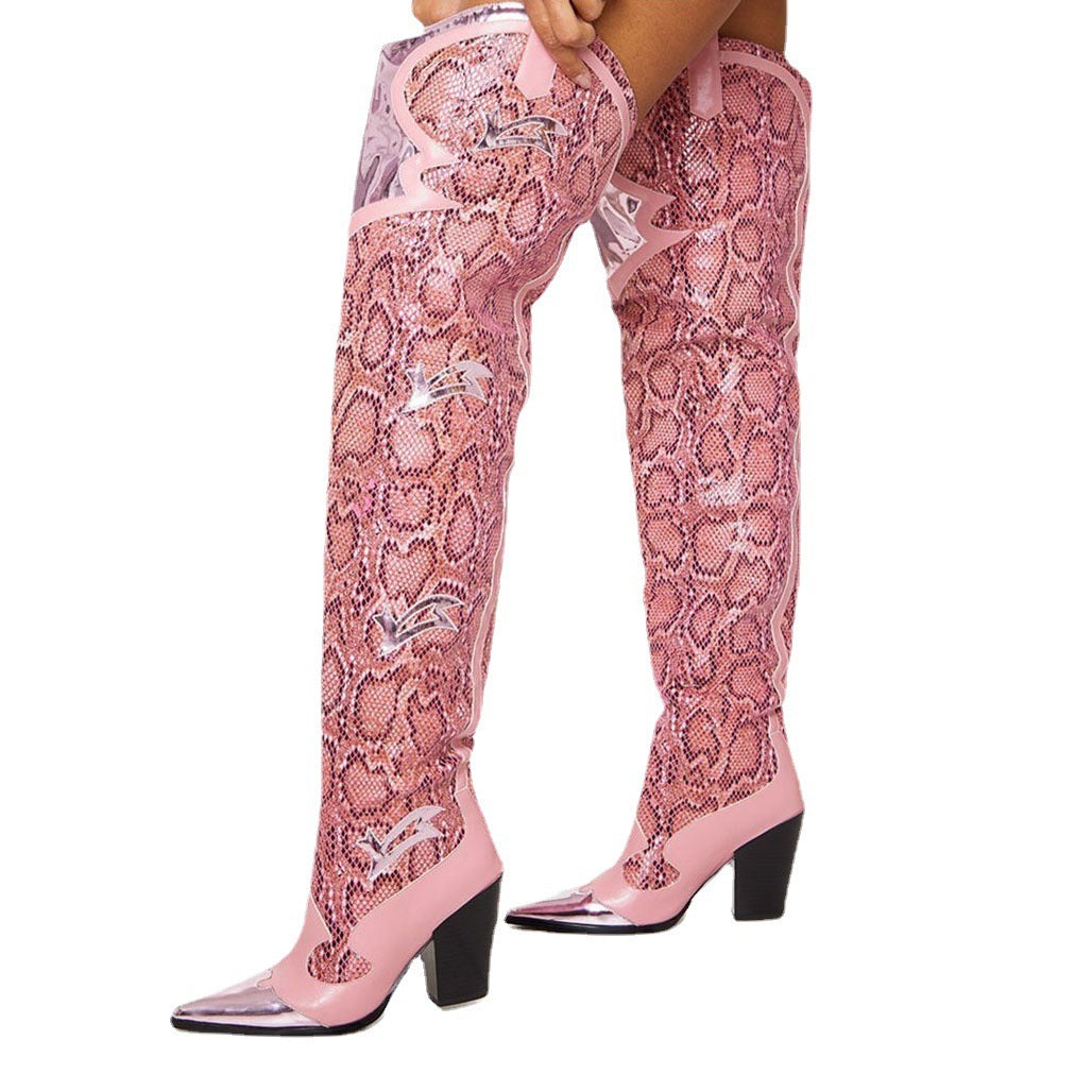 Botas de tacón alto con tacón grueso y punta estrecha con estampado de serpiente sexy a la moda para mujer