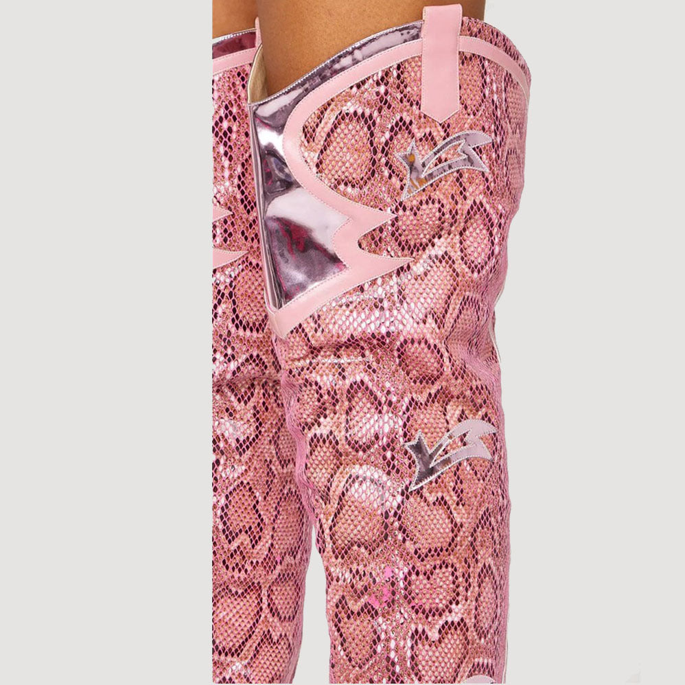 Botas de tacón alto con tacón grueso y punta estrecha con estampado de serpiente sexy a la moda para mujer