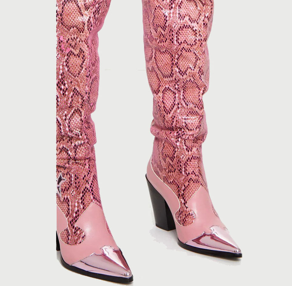 Botas de tacón alto con tacón grueso y punta estrecha con estampado de serpiente sexy a la moda para mujer