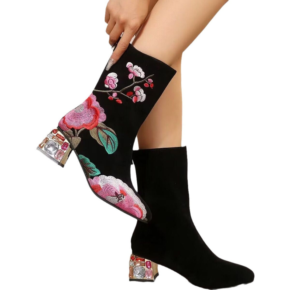 Bottes mi-mollet à fleurs pour femmes, broderie vintage, automne et hiver