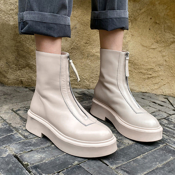 Leather Ankle Boots With Front Zipper All-Match Rider Boots