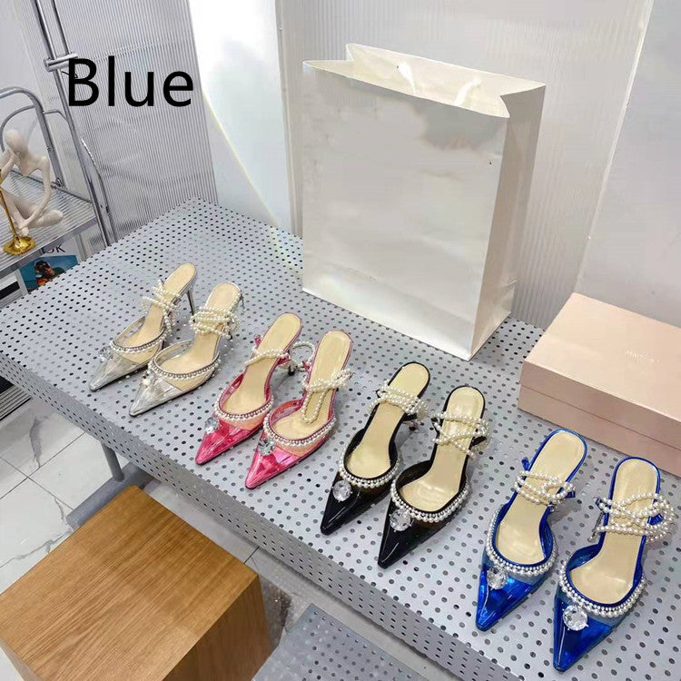 Pointed Toe Toe Stiletto Heel Pearl One Word Belt Fashion Women's Sandals