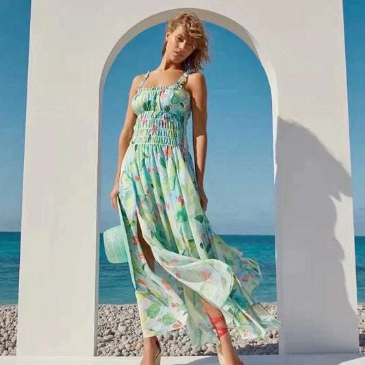 Robe longue sans bretelles à imprimé tendance pour les vacances