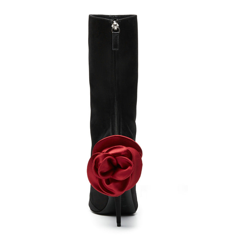 European And American Pointed Flower Stiletto Heel Side Zip Short Boots