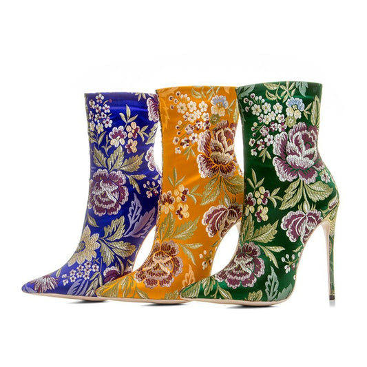 New autumn and winter velvet pointed high-heeled Roman fashion generous color satin booties